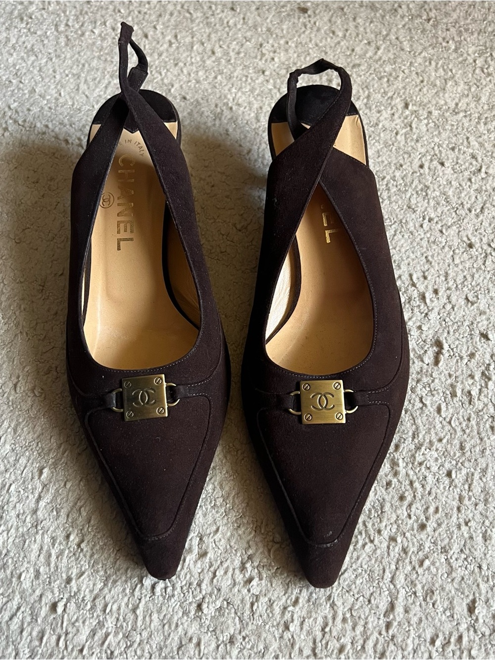 CHANEL Dark Brown Suede Pointed Slingback Mules with Gold Logo Plaque